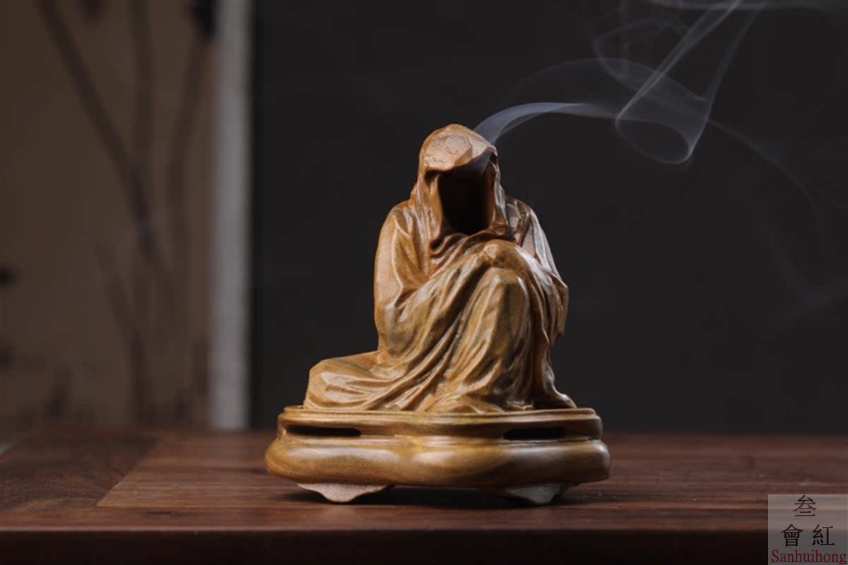 绿檀木雕无相达摩香炉摆件家用禅室供奉倒流香线香熏香盘香沉香炉