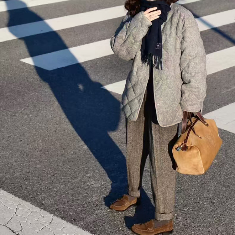 经典恒温保暖原色无染色羊毛毛呢骆驼绒填充圆领菱形格外套小棉袄