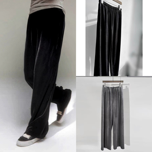 风骨行走中光感垂顺防静电不吸腿双口袋松紧腰金丝丝绒阔腿裤 D550