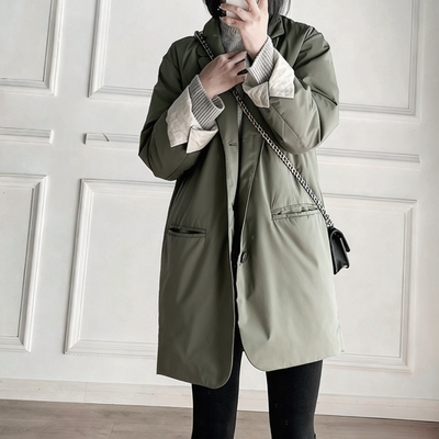 极简忒轻柔蓬但很暖小长款西服领90白鹅绒服羽绒服外套D527