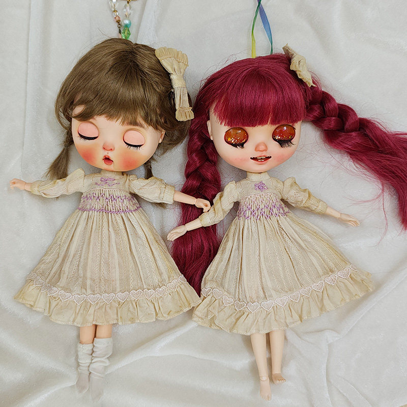 blythe小布茶染娃衣缩褶绣连衣裙七分袖azone licca ob24 pullip