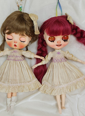 blythe小布茶染娃衣缩褶绣连衣裙七分袖azone licca ob24 pullip
