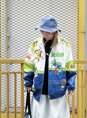 玩具总动员三眼仔巴斯光年刺绣宽松情侣外套夹克PU皮衣外套