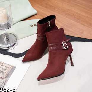 细跟高跟短靴皮带扣绒面加绒女靴 962