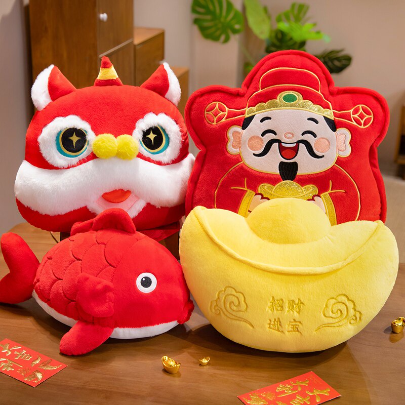 新年祝福抱枕财神元宝醒狮靠垫