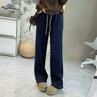 女秋冬加厚保暖直筒阔腿深蓝牛仔裤 解压裤 柔软加绒双侧线休闲裤