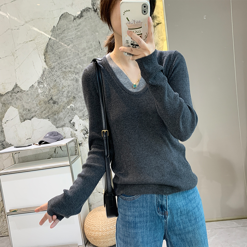 羊毛混纺假两件针织衫女v领拼接