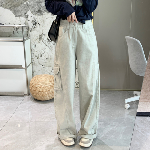 秋冬长裤 机能风大口袋宽松工装 复古松弛感弯刀阔腿裤 女美式 牛仔裤