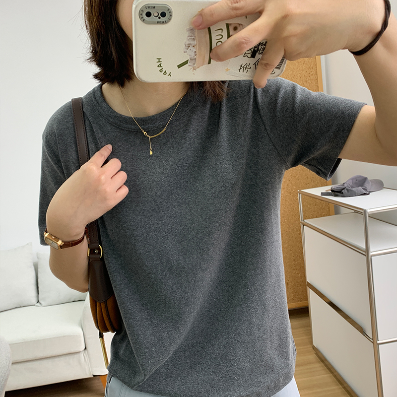 显瘦正肩圆领短袖T恤女2025新款夏宽松纯色百搭软糯弹力棉质上衣