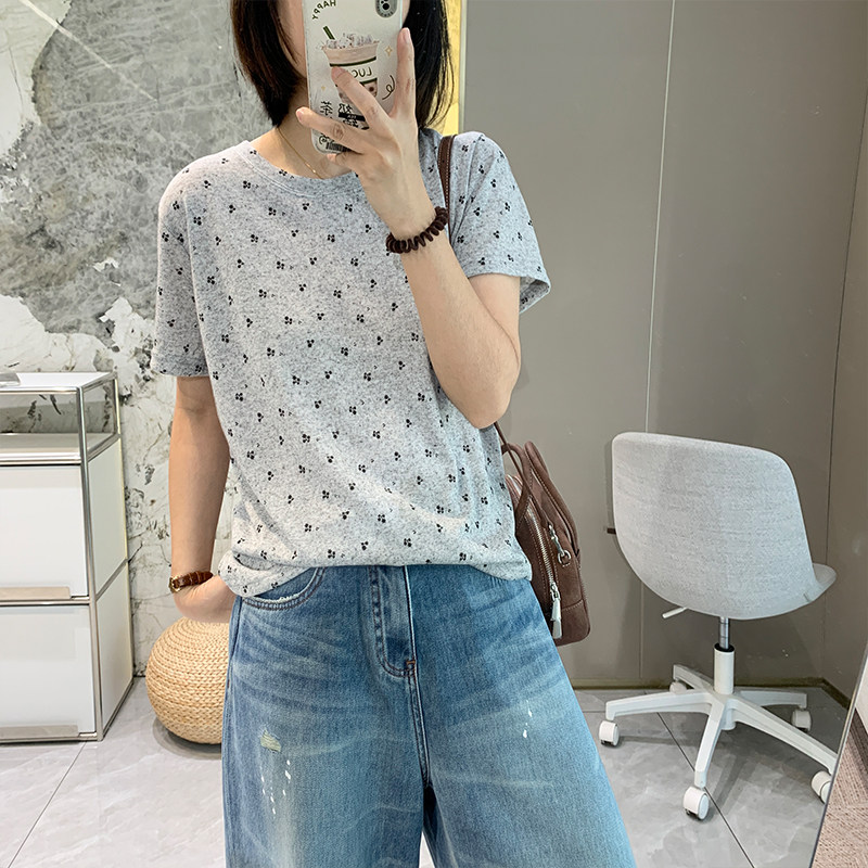 透气亚麻小碎花宽松短袖女夏季薄韩版灰色显瘦圆领T恤松弛感上衣