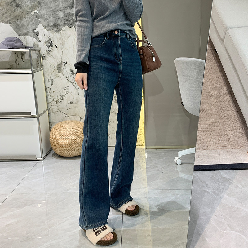 微喇牛仔裤女高腰弹力喇叭直筒裤