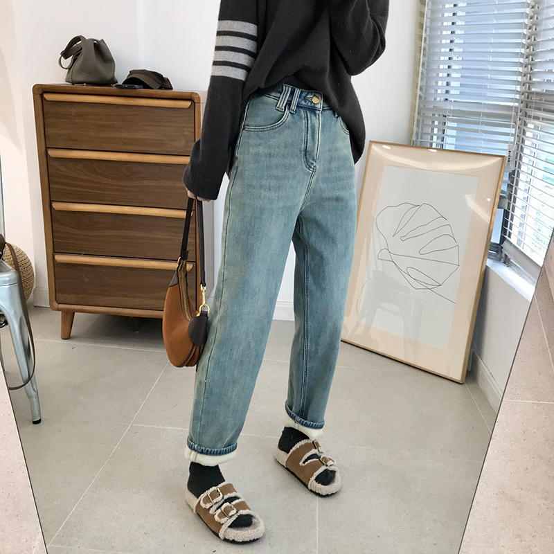 软糯厚绒哈伦牛仔裤女2023年新款秋冬款高腰显瘦弹力锥形裤老爹裤