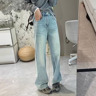 宽松显瘦直筒裤 烫钻满天星浅色牛仔裤 阔腿裤 新高腰窄版 女2026春季