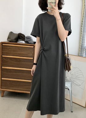 显瘦版型！侧边打褶短袖连衣裙女2025新款夏季韩版纯色中长款裙子
