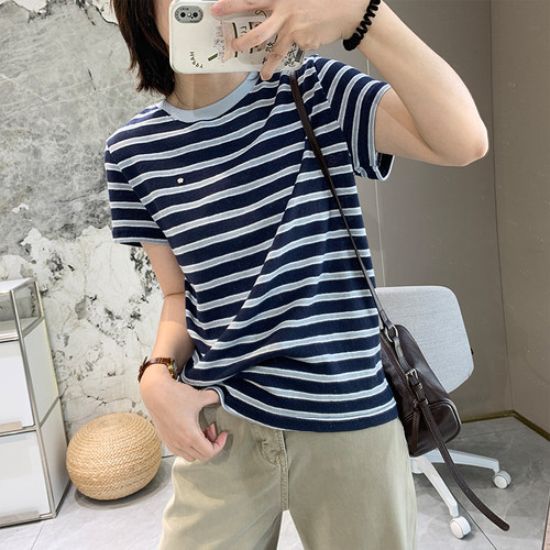 经典条纹宽松圆领麻棉短袖T恤女