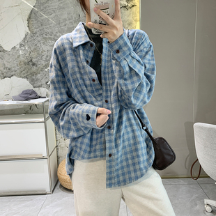 女秋冬宽松显瘦叠穿衬衣上衣 衬衫 显白复古格纹韩版 磨毛加厚长袖