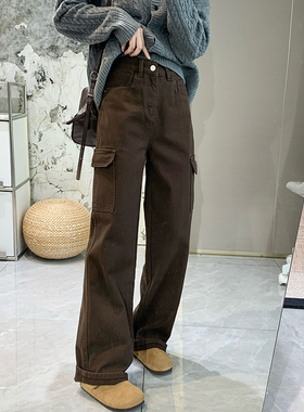 美拉德加绒工装纯棉牛仔裤女秋冬氛围松弛感高腰显瘦直筒休闲长裤