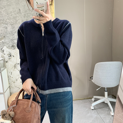 保暖显瘦拼色拉链开衫秋冬新款加厚圆领羊毛针织衫小个子毛衣外套