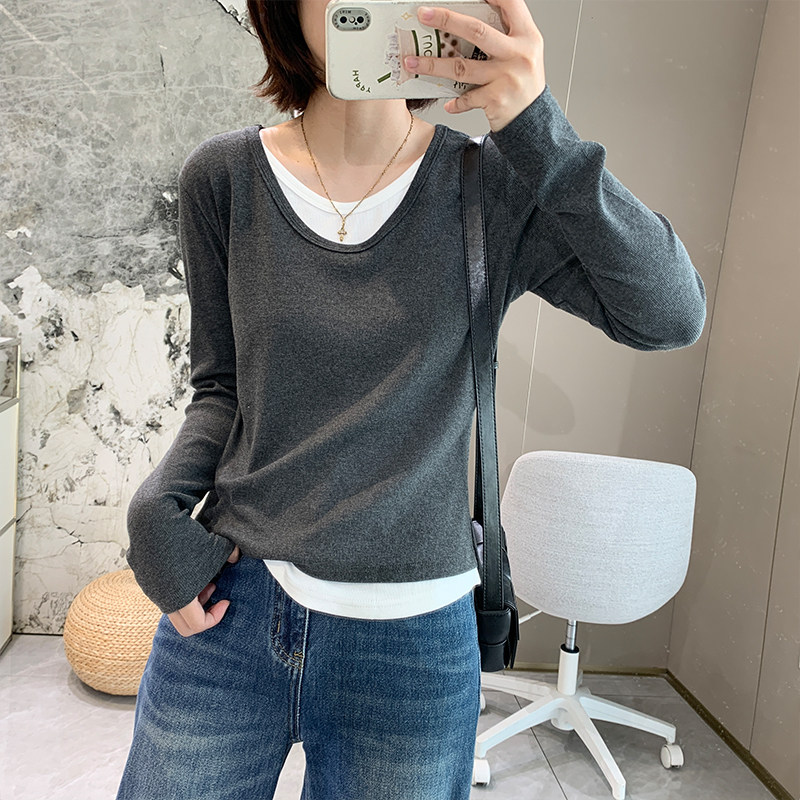 纸片人假两件拼色打底衫长袖T恤内搭秋季新韩版低圆领套头上衣女