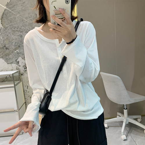 毛边亨利高弹T恤女早秋打底衫