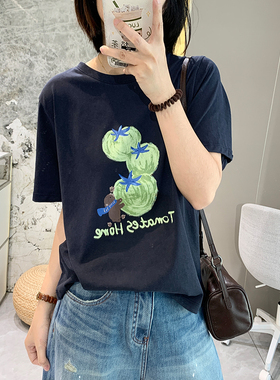 夏日凉感T 绿番茄超薄凉爽宽松短袖女夏季薄卡通印花宽松圆领T恤