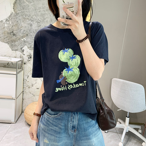 夏日凉感T 绿番茄超薄凉爽宽松短袖女夏季薄卡通印花宽松圆领T恤