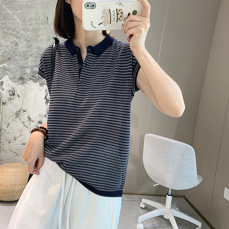 冰丝条纹针织T恤女百搭弹力显瘦上衣夏季薄款宽松翻领小个子短袖