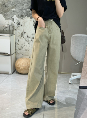 实力修腿！深卡其横袋弯刀牛仔裤女设计感高腰显瘦直筒阔腿裤长裤