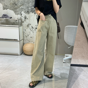实力修腿 女设计感高腰显瘦直筒阔腿裤 长裤 深卡其横袋弯刀牛仔裤