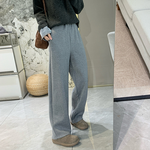 女秋冬加绒加厚直筒阔腿宽松毛呢裤 厚乳裤 桑蚕丝羊绒茧型休闲裤