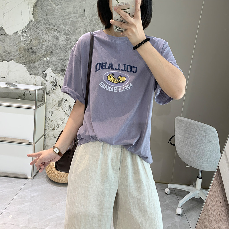 轻薄麻感棉复古水果印花T恤女夏季薄款紫色短袖韩版宽松圆领上衣