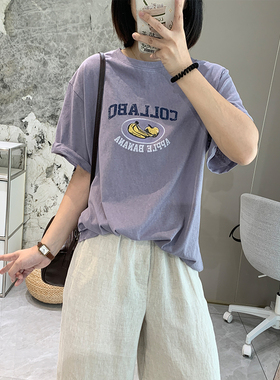 轻薄麻感棉复古水果印花T恤女夏季薄款紫色短袖韩版宽松圆领上衣