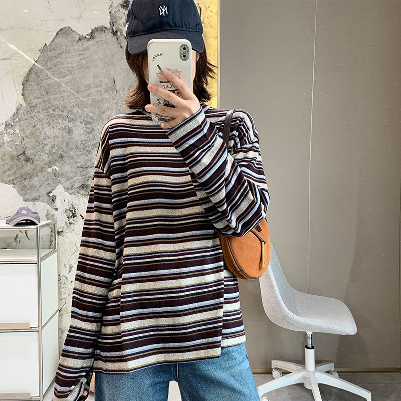 松弛慵懒风撞色条纹弹力磨毛T恤女秋季圆领宽松拼接长袖休闲上衣,女装/女士精品,T恤,淘宝优惠券,粉丝福利购,淘宝优惠卷