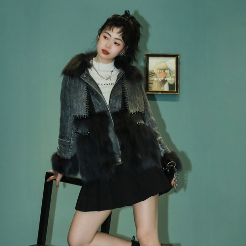 MIXMAX时尚洋气皮草狐狸毛翻领牛仔羽绒服女冬季款气质时尚减龄