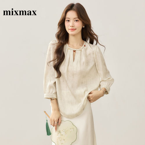 MIXMAX/美姿宝莲新中式衬衫女七分袖圆领系带气质减龄温柔风上衣