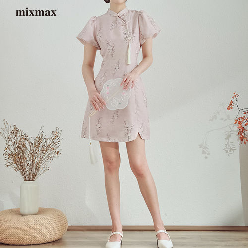 MIXMAX新中式盘扣收腰连衣裙女2025夏季新款气质温婉改良旗袍裙