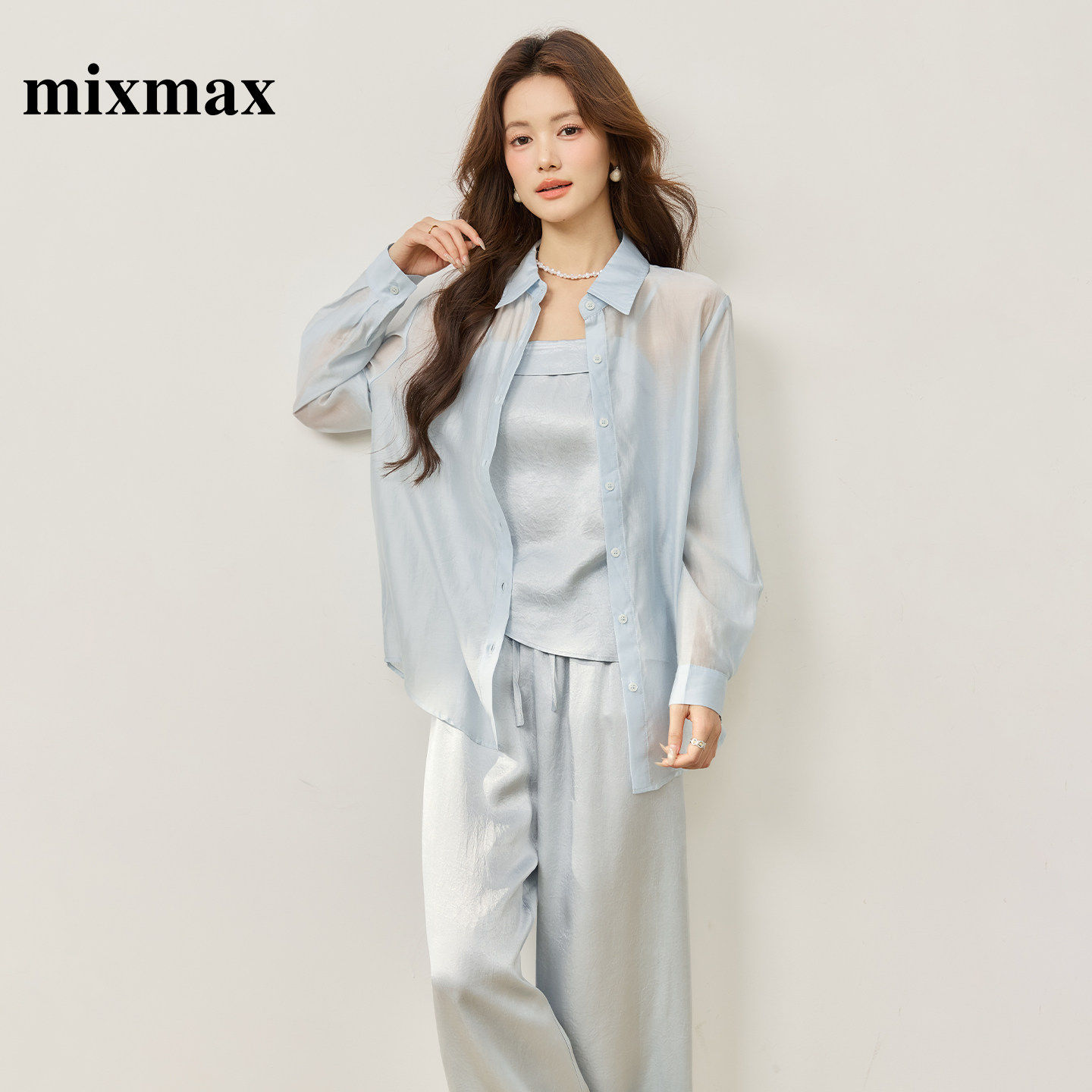 MIXMAX/美姿宝莲轻熟简约风防晒衬衫套装女春薄款宽松显瘦两件套