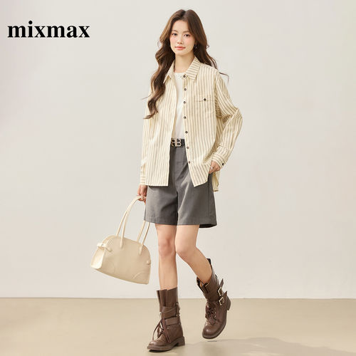 MIXMAX/美姿宝莲法式条纹衬衫女秋季百搭翻领长袖基础款通勤上衣