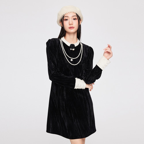 MIXMAX小众别致圆领长袖连衣裙女2025冬季新款时尚减龄显瘦