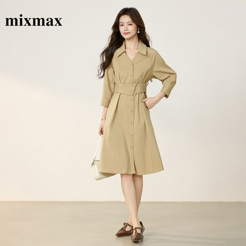 MIXMAX/美姿宝莲通勤风V领连衣裙女卡其色收腰显瘦中长款气质裙春
