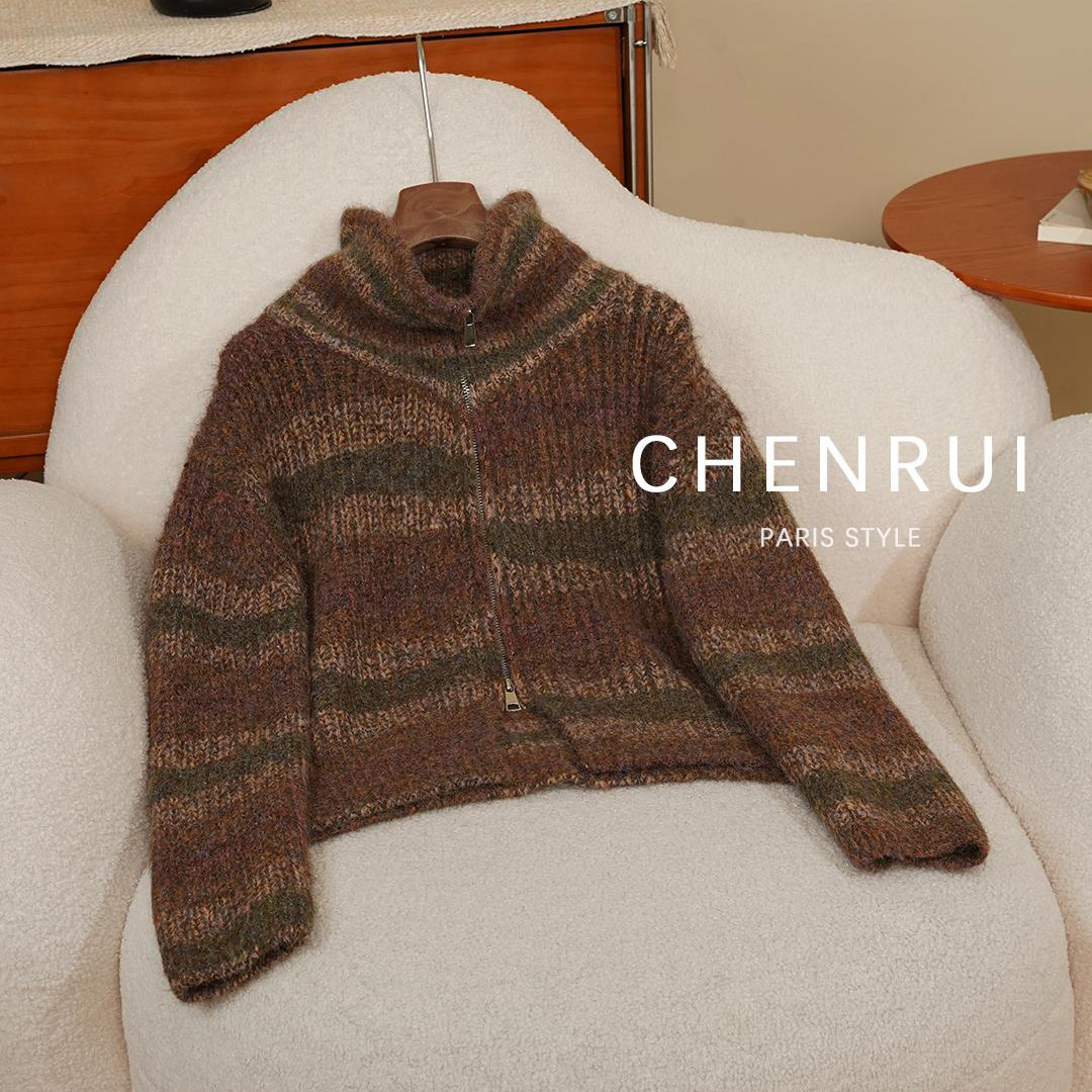 晨锐女装横条纹高领拉链毛针织衫