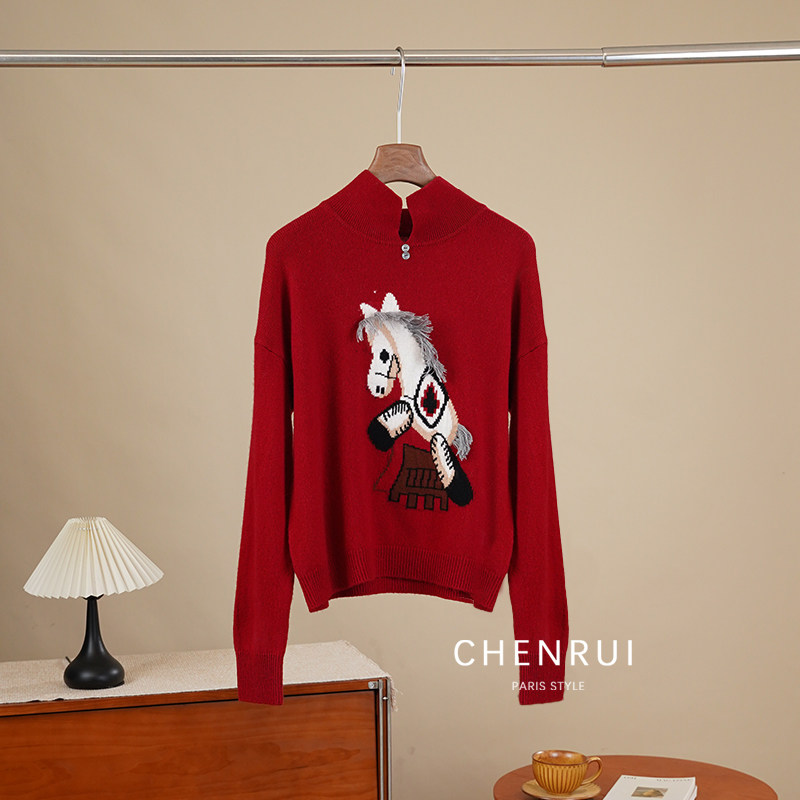 晨锐女装红色立体小马提花针织羊毛衫翻领落肩袖宽松舒适2026新款,女装/女士精品,毛针织衫,淘宝优惠券,粉丝福利购,淘宝优惠卷