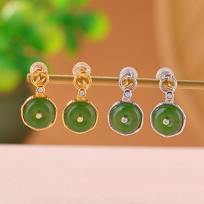 通体S925纯银镀金分色和田玉碧玉竹叶竹节平安扣圆形银耳坠耳钉