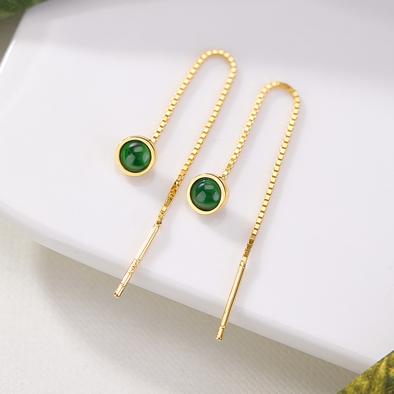 通体绿翡翠S925纯银镀金简约圆形耳线气质百搭高级感银耳坠爆款