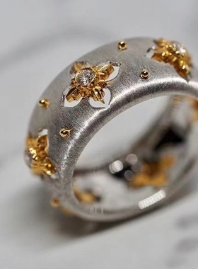 意大利手工拉丝工艺十字花镂空指环钻石镶嵌复古霸气时尚小众设计