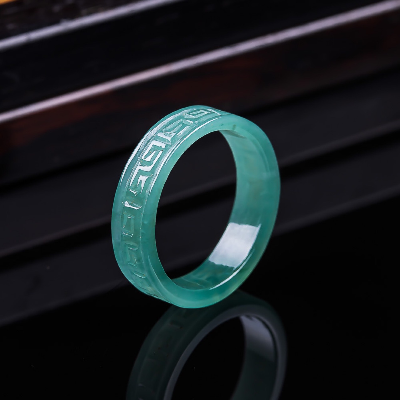 天然A货翡翠蓝水仿古纹方形戒指冰种玉石男士女款珠宝玉器