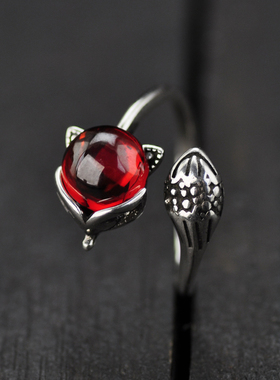 石榴石狐狸复古气质配饰民族戒指