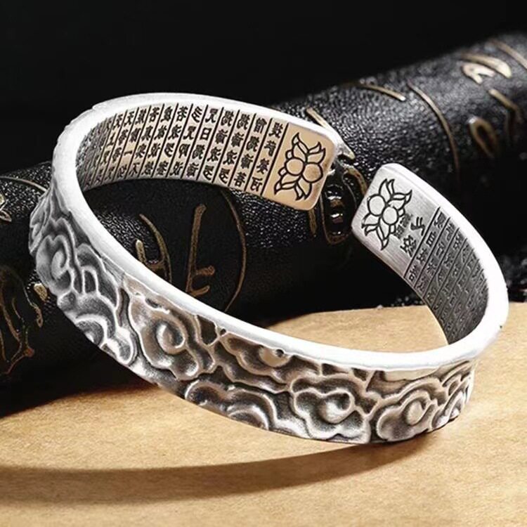 复古时尚足银祥云心经泰银男士手镯男女款民族风开口送礼手环