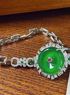 起光帝王绿色满荧光天然绿玉髓圆扣手链中性风手表链手环