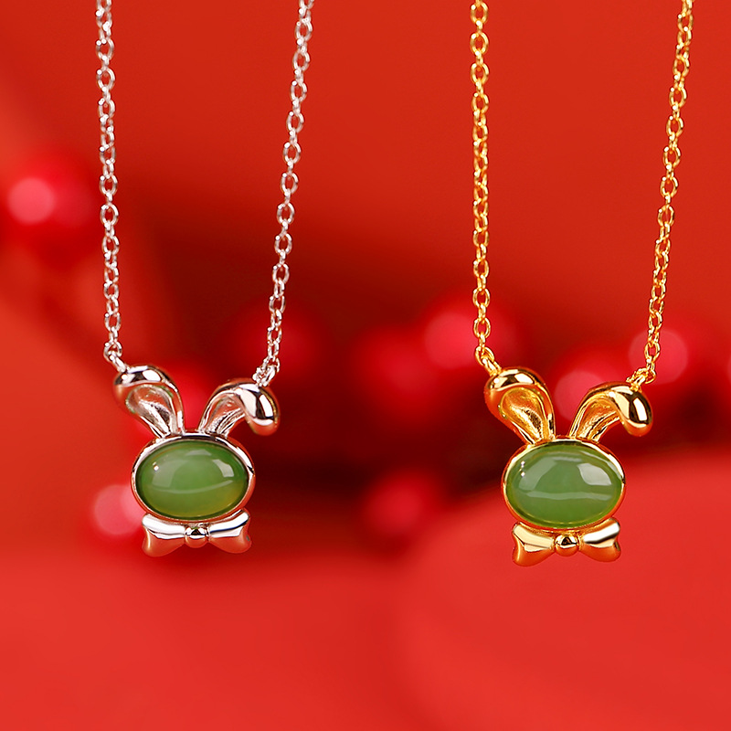 通体S925纯银镀金和田玉碧玉时尚气质蝴蝶结兔子项链本命年套链